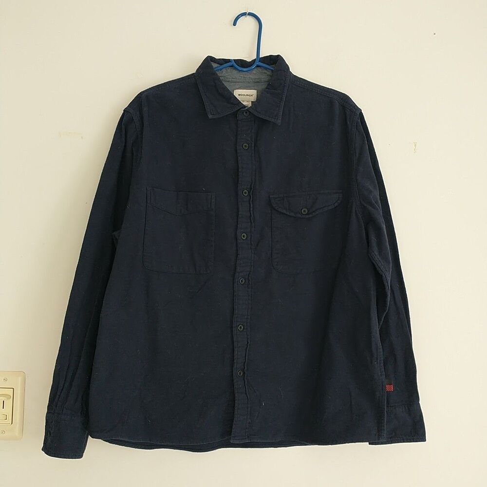 Woolrich Flannel Shirt Mens M Navy Blue Cotton Button Up Workwear Outdoor